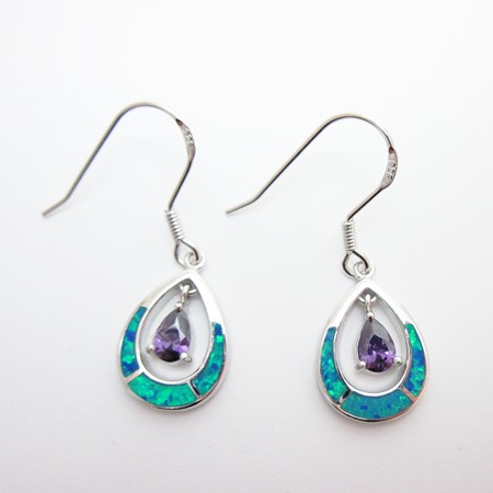 Blue Fire Opal Teardrop and Purple CZ Dangle Earrings - D-4860 - Click Image to Close